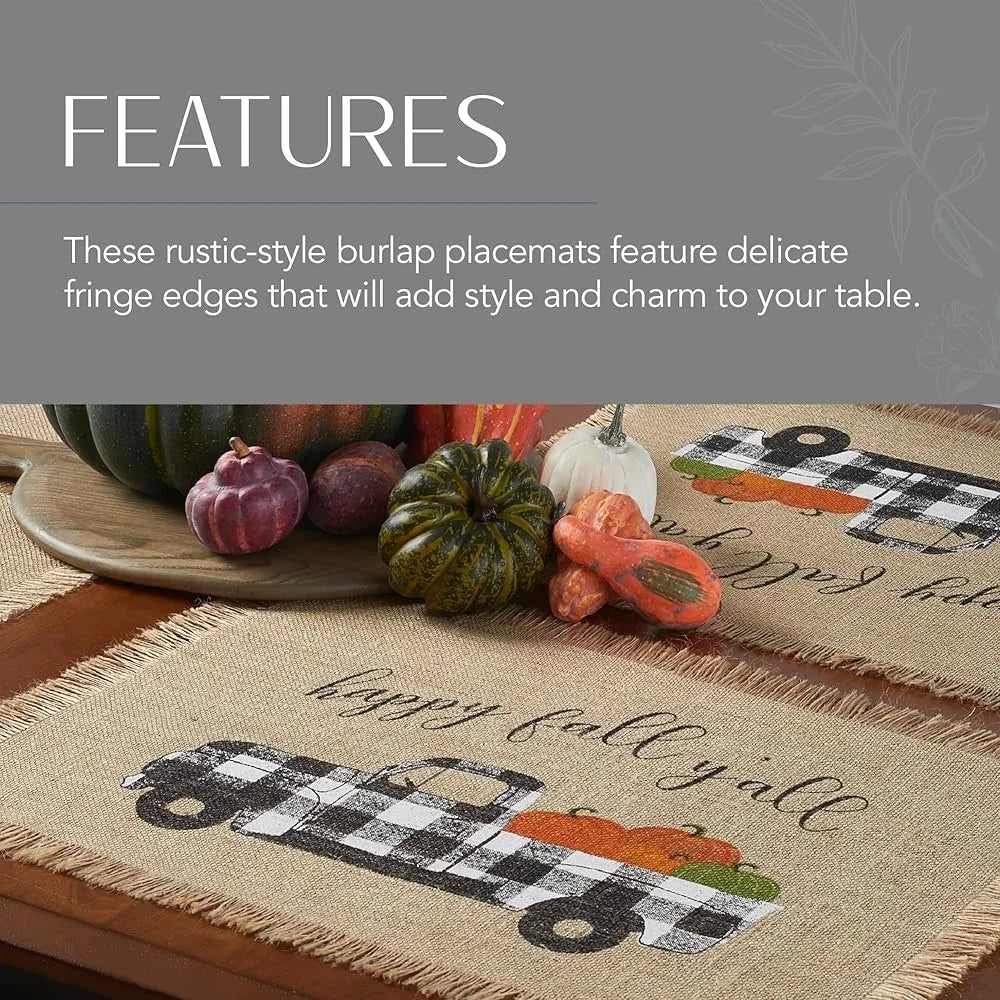 Rustic Burlap Placemats Set of 4 Autumn Farmhouse Decor Buffalo-Plaid Truck Pumpkins Thanksgiving Table Accessories