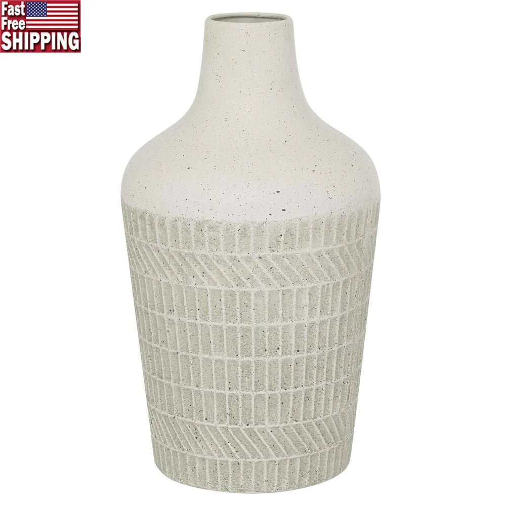 Contemporary Textured White Metal Vase Geometric Design Flower Centerpiece Indoor Decor Home Accent Ideal Living Dining Room