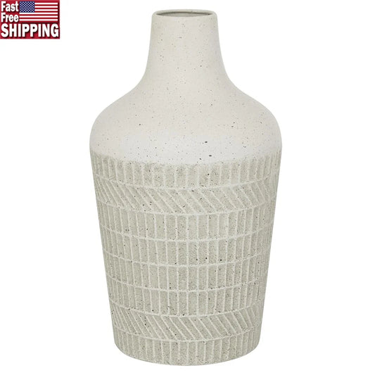 Contemporary Textured White Metal Vase Geometric Design Flower Centerpiece Indoor Decor Home Accent Ideal Living Dining Room