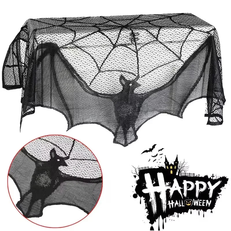 Halloween black bat lace curtains, spider web horror decoration for the living room mantelpiece tablecloth, home decoration