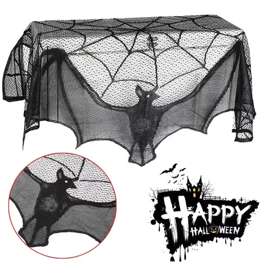 Halloween black bat lace curtains, spider web horror decoration for the living room mantelpiece tablecloth, home decoration