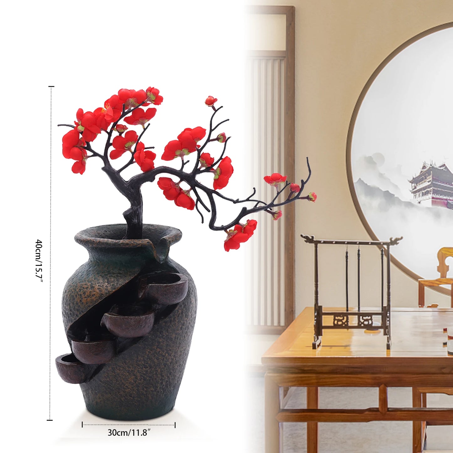 Tabletop Fountain, Waterfall Vase Fountain, Tabletop Water Fountains with Simulation Tree Flowers for Living Rooms, Offices