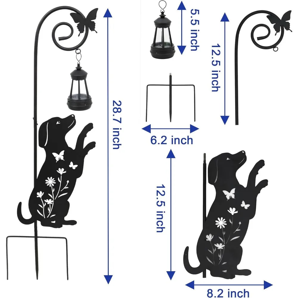 Solar Dog Lantern Garden Stakes - Outdoor Decorative Solar Lights for Yard, Patio, Pathway - Weatherproof Metal Dog Stake with A