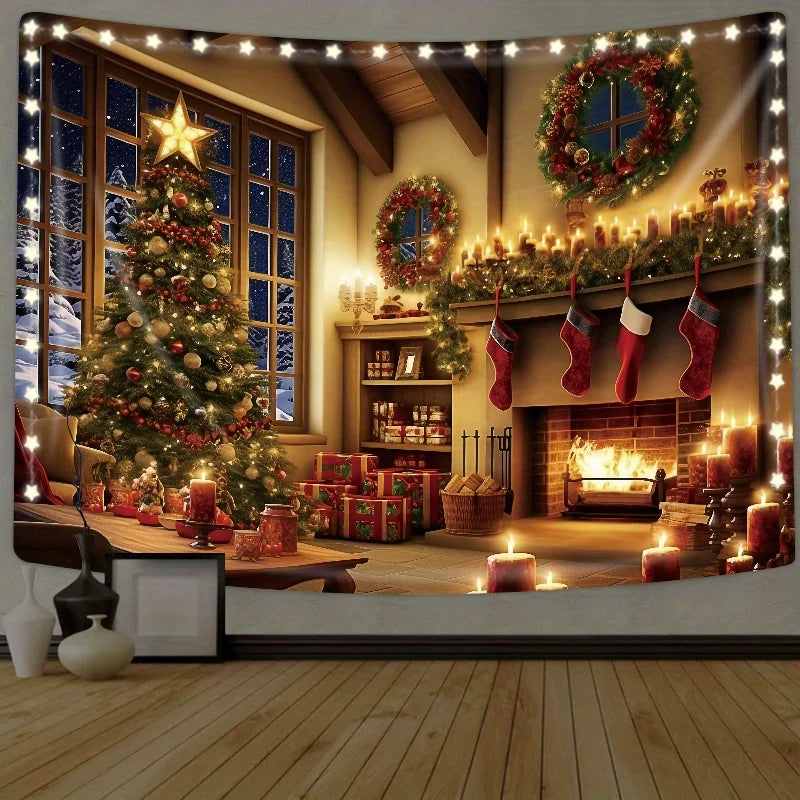 1pc Tapestry Luminous Christmas Gift, Christmas Night Fireplace Christmas Stocking Tapestry Popular Party Photo Studio Props