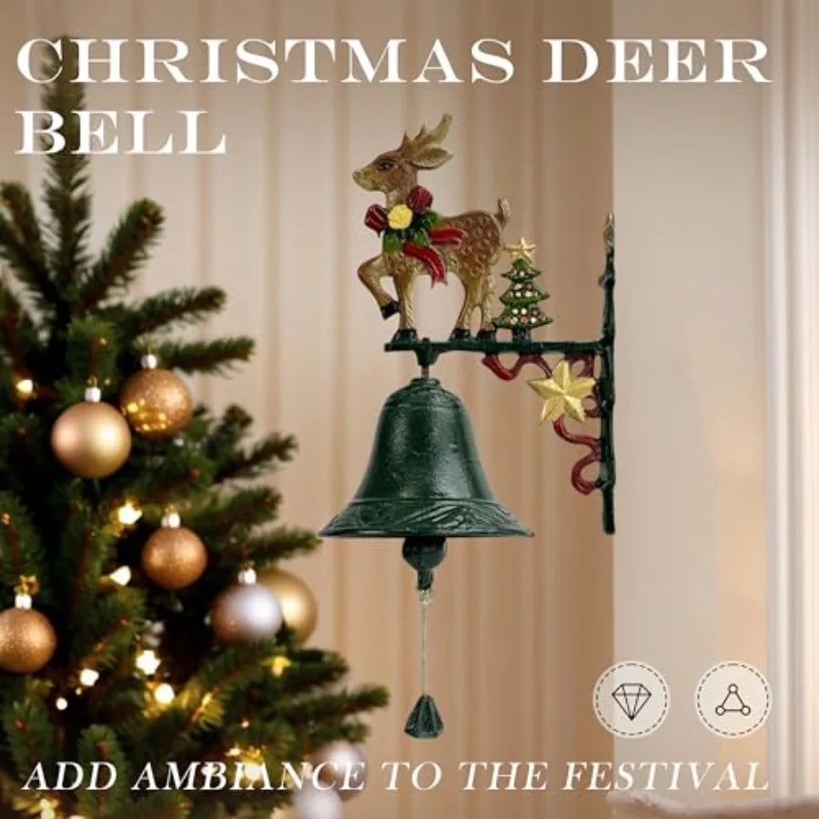 Cast Iron Christmas Dinner Bell for Door Outdoor HandPainted Rustic Doorbell Decor with Santa Reindeer Snowflakes Durable Festi
