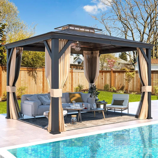 10'X12' Gazebo with Galvanized Steel and Acrylic Roof, Thickened Aluminum Frame Included, Outdoor Permanent Pavilion Gazebos wi
