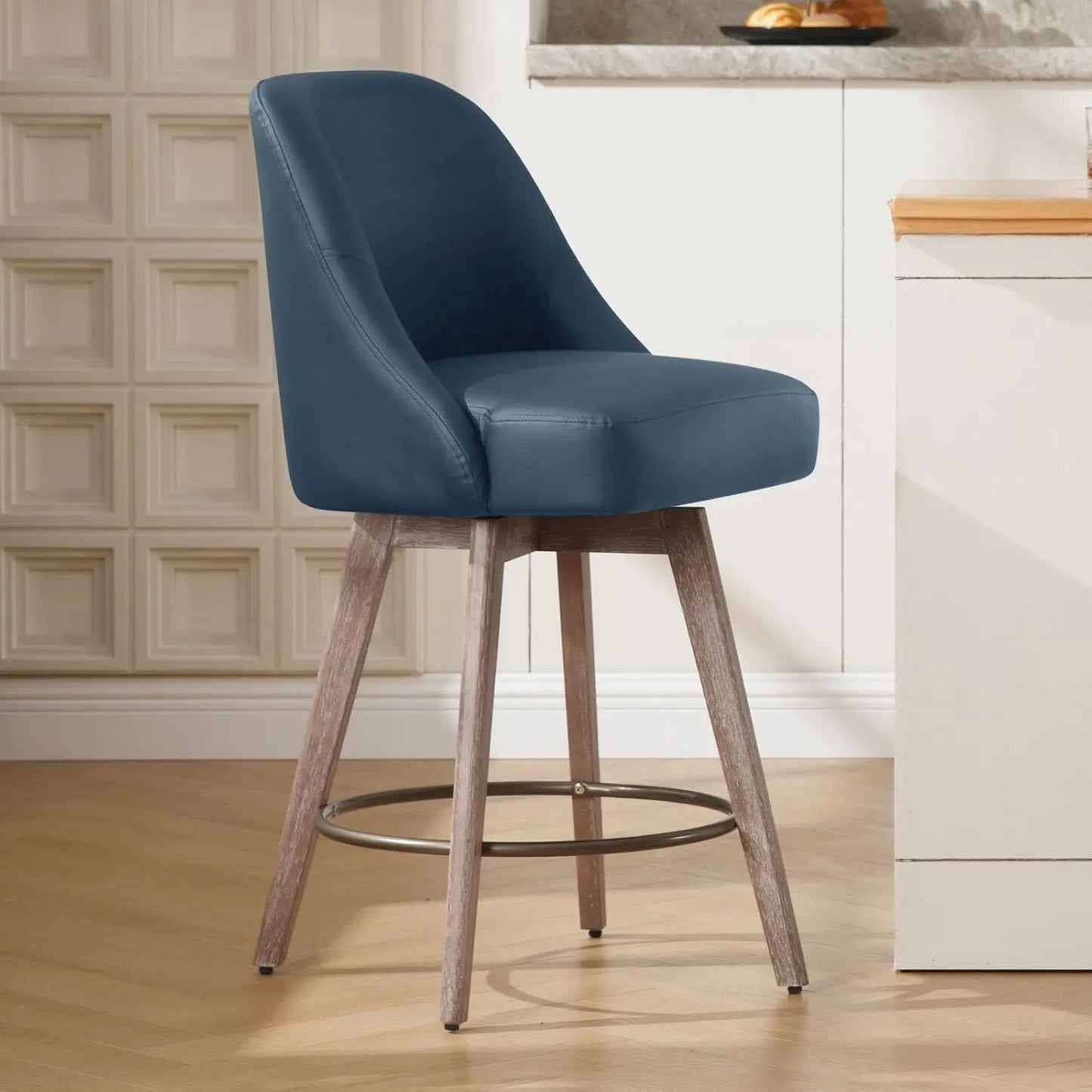 Counter Height Bar Stools Set of 2, Modern Mid-Century Swivel Barstools with Backs and Wood Legs, Linen Fabric Upholstered