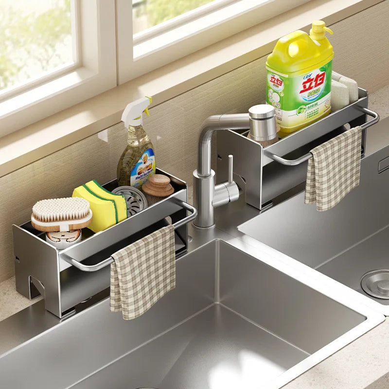 Kitchen Sink Sponge Holder Drain Rack Faucet Storage Soap Drainer Towel Rack Shelf Organizer Accessories