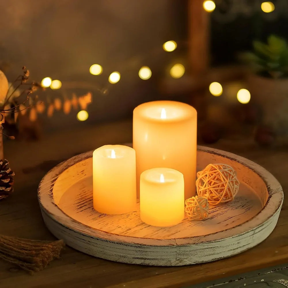 rustic wooden tray candle holder - round wood decorative pillar candle tray for coffee table farmhouse kitchen countertop organ