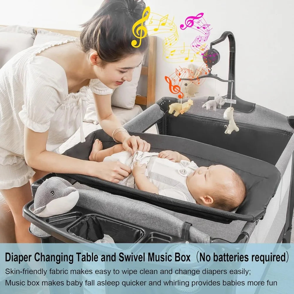 5-in-1 Pack and Play, Baby Bassinet Bedside Sleeper with U-Shaped Diaper Changer, Portable Toddler Playard for Newborn Toddlers,