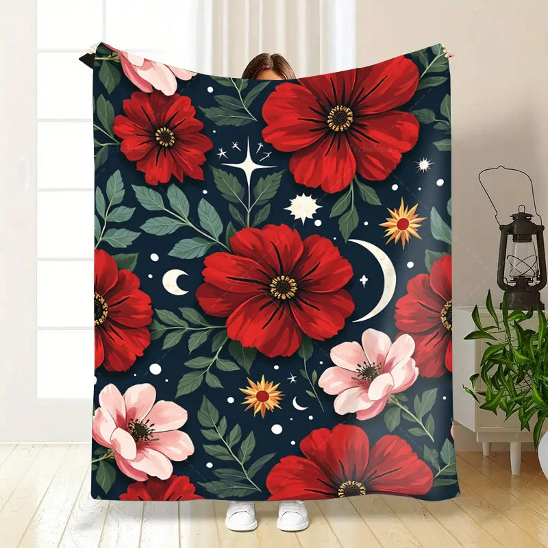 1pc Flannel Blanket "Boho Floral Blanket with Celestial Stars and Moons for Cozy Nights"