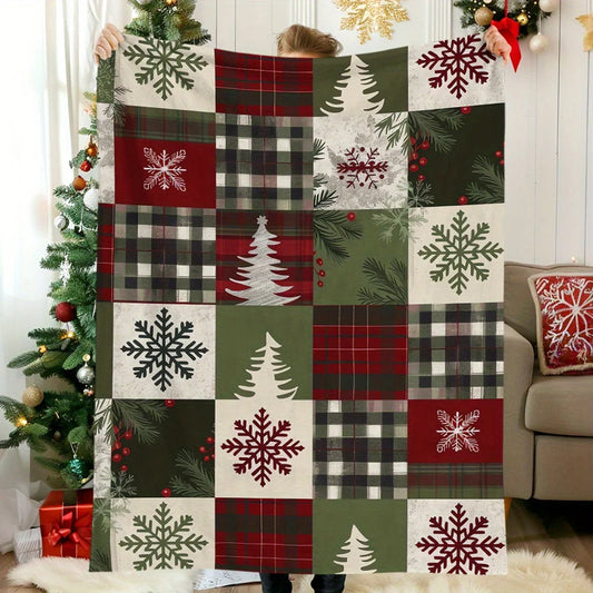 Cozy Christmas Blanket with Vintage Red Buffalo Check & Snowflake Design - Soft, Warm Flannel Throw for Naps, Camping, Travel