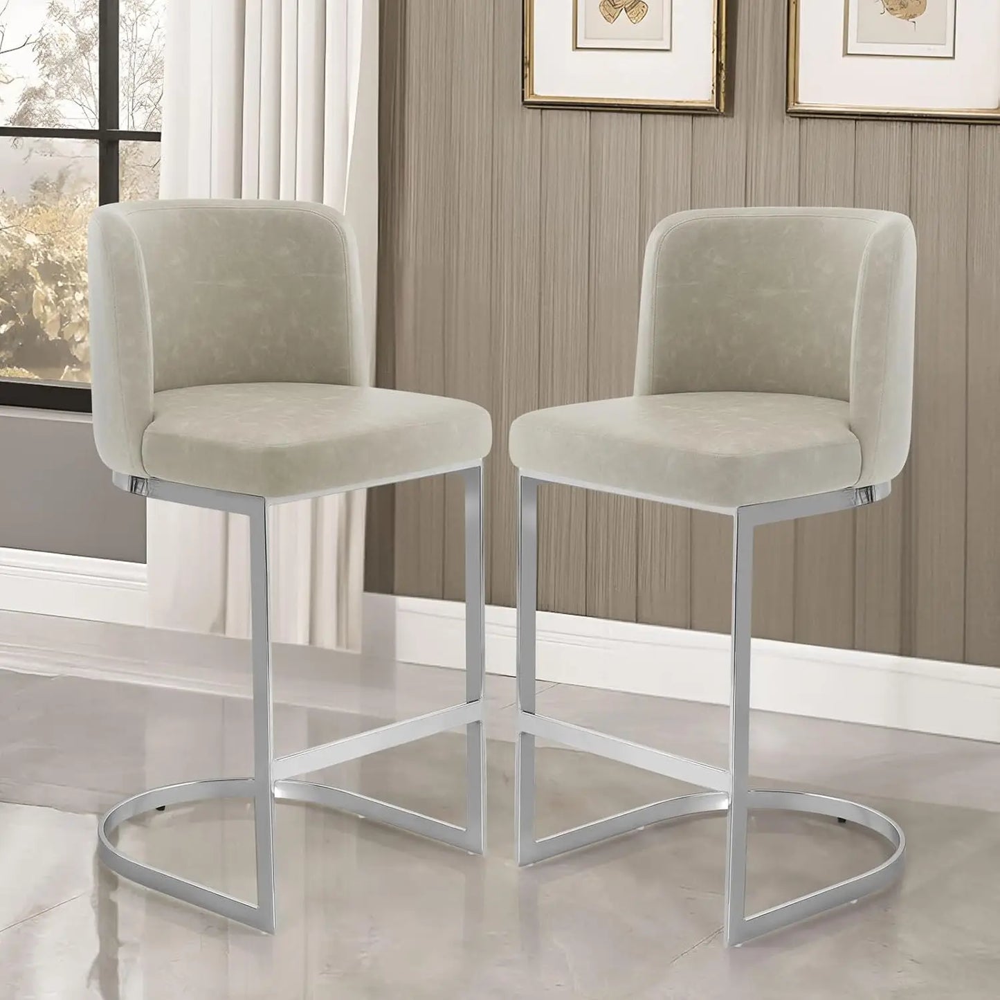 Counter Height Bar Stools Set of 3, Modern 26" Counter Stools with Back and C-Shaped Metal Frame, Upholstered Faux Leather