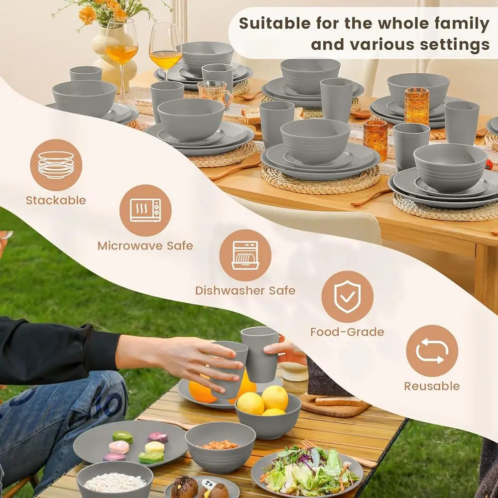 40-Piece Wheat Straw Dinnerware Sets, Non Breakable Dinnerware, Cups, Plates And Bowls Sets For 8 - Microwave Dishwasher