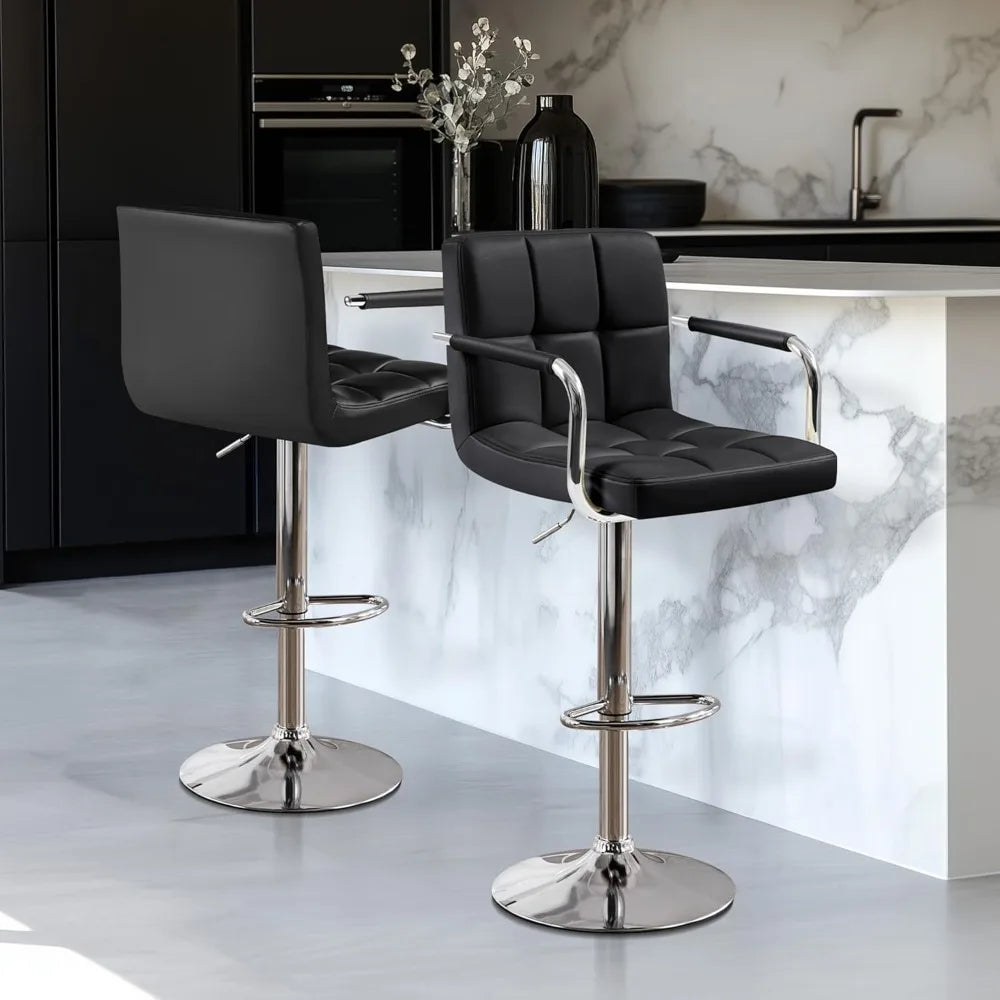 Bar Stools Set of 2, PU Leather Adjustable Swivel Barstools, Hydraulic Kitchen Counter Height Bar Chairs w/Armrest and Back