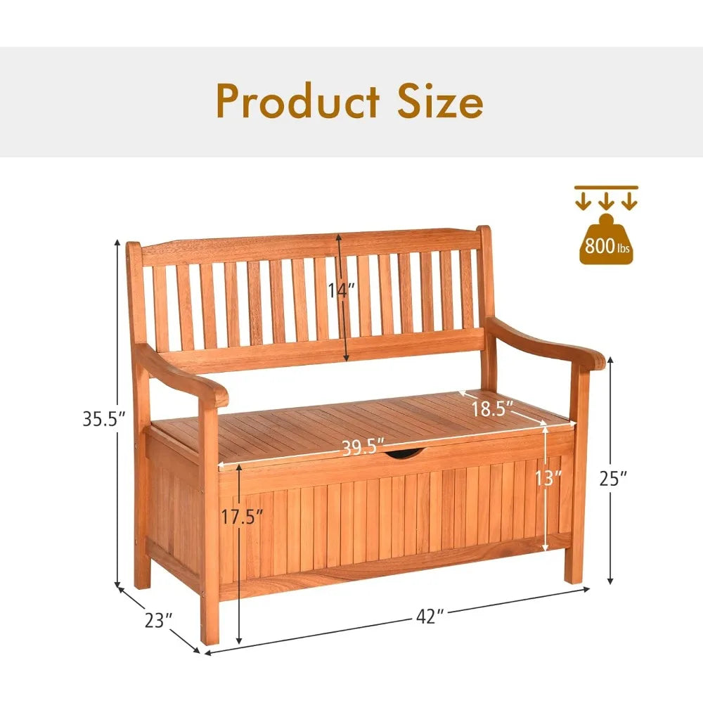 Safstar Outdoor Patio Bench with Storage Box, 33 Gallon Capacity, Wooden Frame, Eucalyptus Material, Natural Color, 42 x 23 x 35