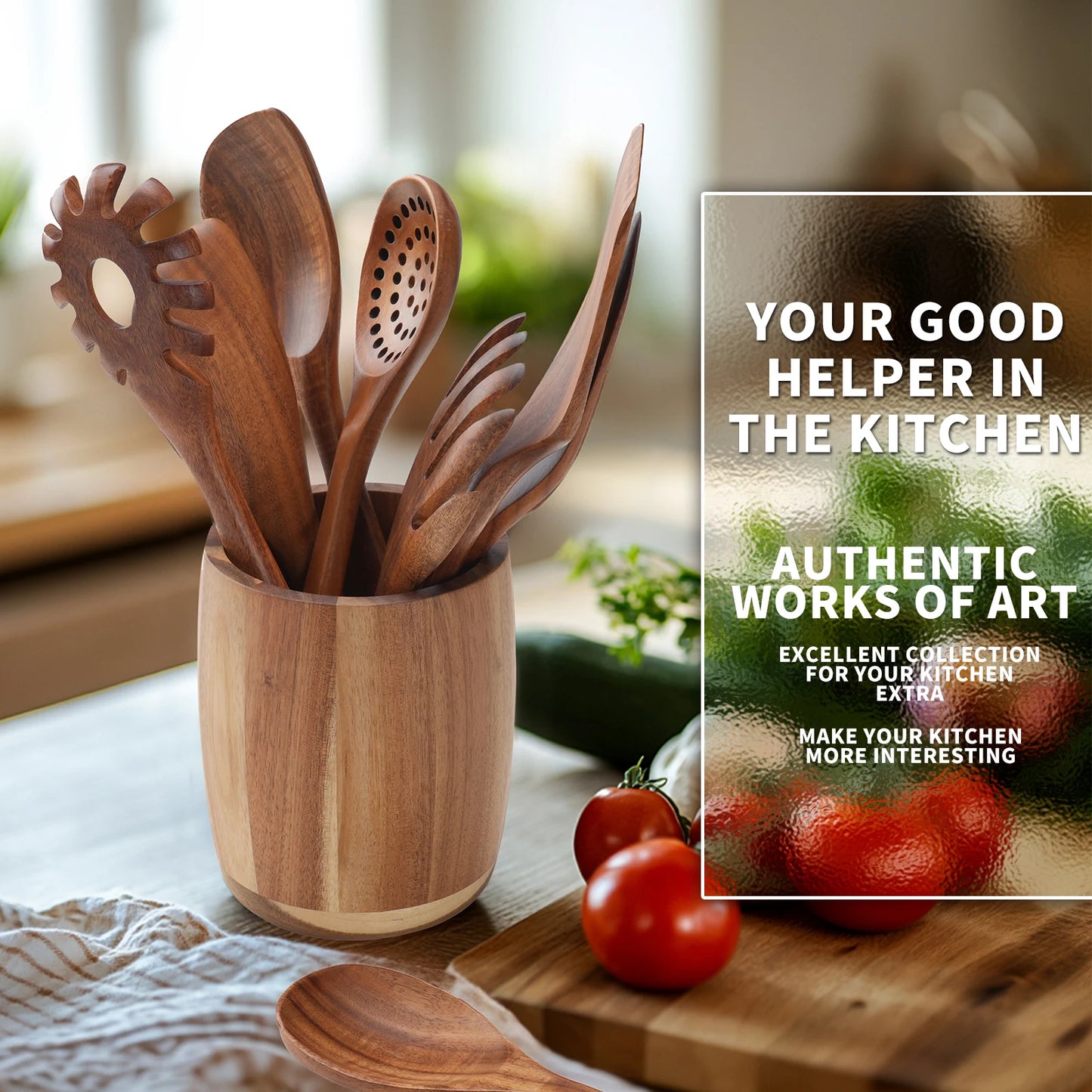 9PCS Kitchen Utensils Set - Wooden Spoons for Cooking- Wooden Spoons, Spatula Set, Slotted Spoon - Handmade Wooden Spoon Set