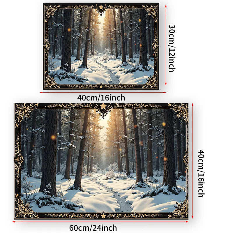 1pc Wall Tapestry Enchanted Winter Forest Tapestry - Golden Frame, Snowy Path, Cozy Cabin Decor