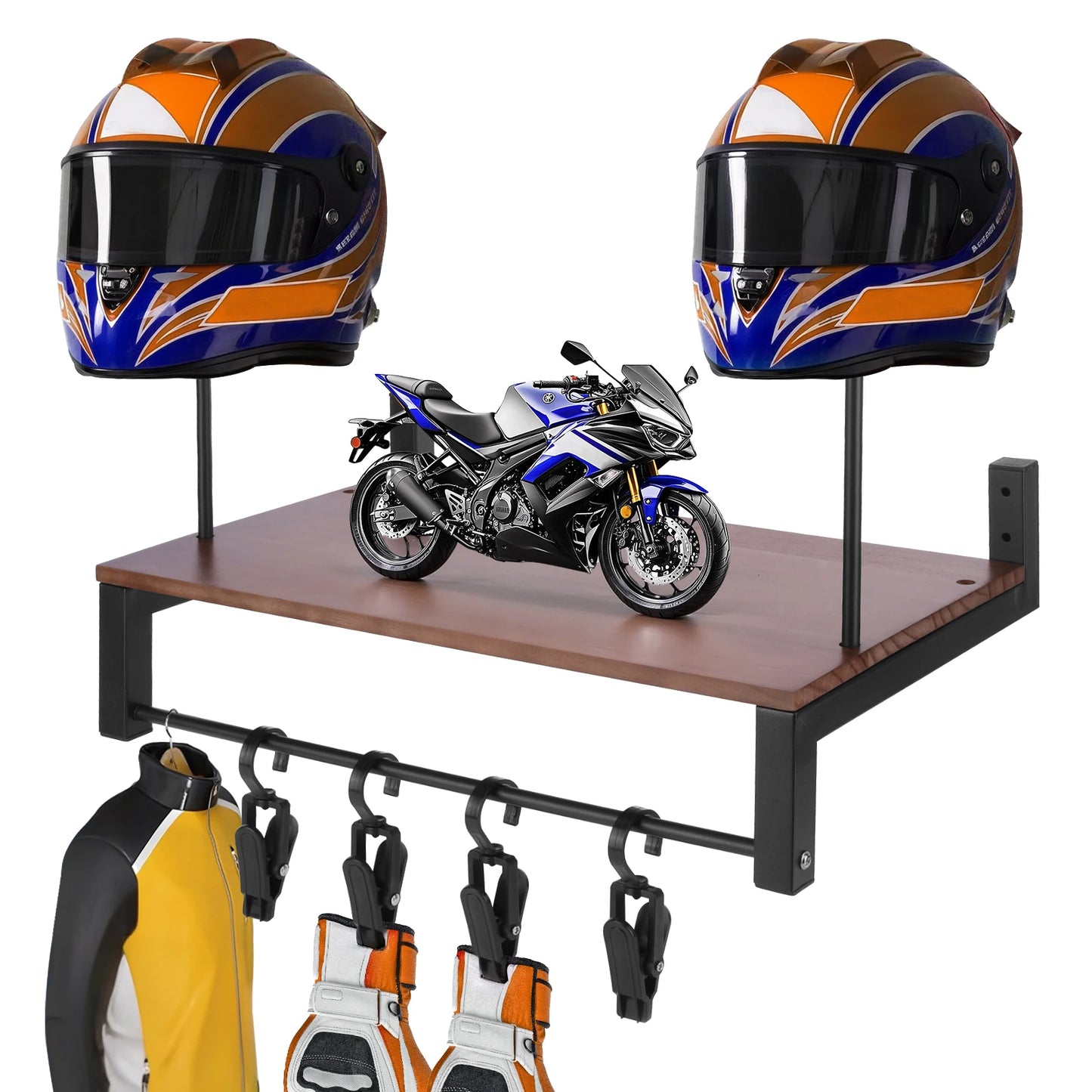 Wooden Helmet Organizer Rack with 5 Hooks Helmet Hanger Wear Resist Metal Helmet Stand for Motorcycle Accesories Storage