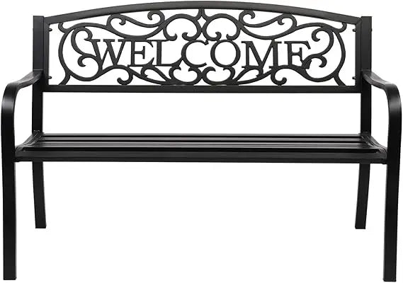 Outdoor Bench with PVC Back Pattern, Metal Garden Bench Black Steel Welcome Bench for Patio, Porch, Deck, Yard, Lawn Deco