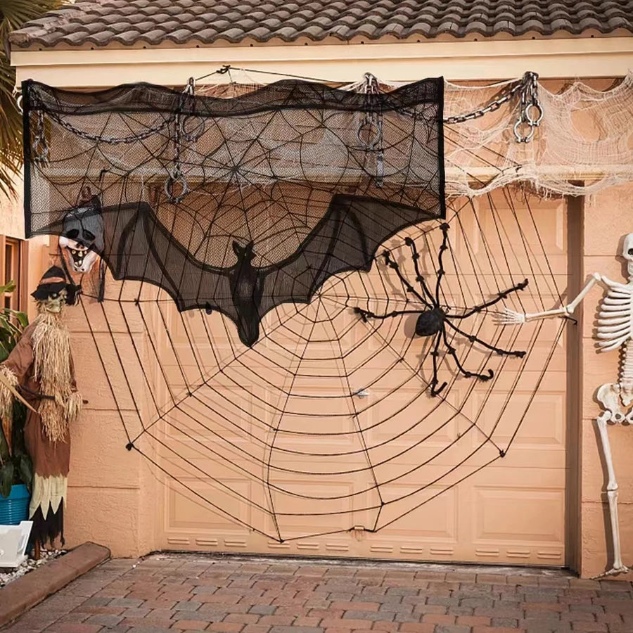 Halloween black bat lace curtains, spider web horror decoration for the living room mantelpiece tablecloth, home decoration