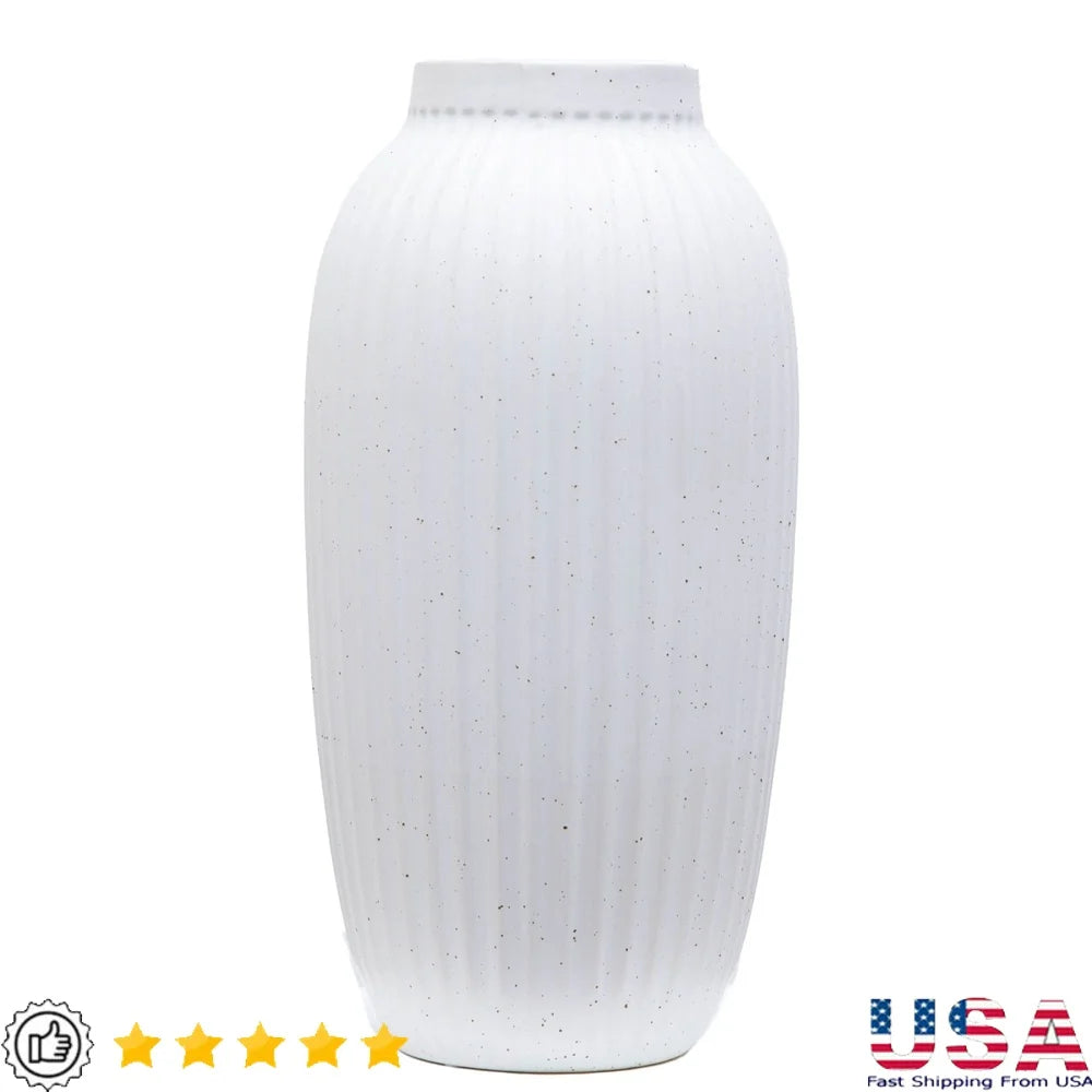 Indoor Ribbed Ceramic Vase 16" Speckled Decorative Accent Silk Stems Flower Arrangement Table Centerpiece Home Decor