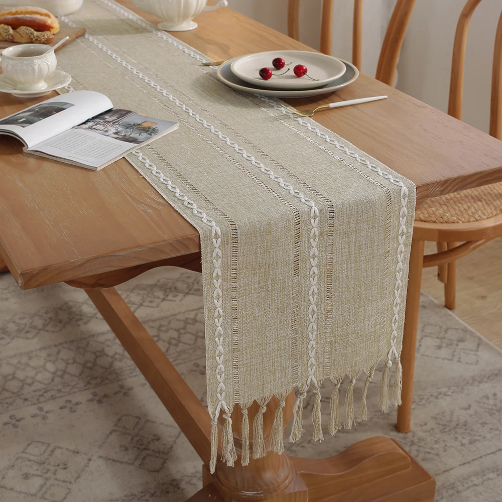MACT Rustic Table Runner with Tassels Cotton Linen Embroidered Table Runners for Dining Table Decorations Holiday Party Wedding