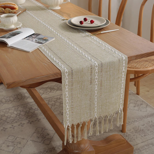 MACT Rustic Table Runner with Tassels Cotton Linen Embroidered Table Runners for Dining Table Decorations Holiday Party Wedding