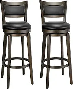 Swivel Bar Stools Set of 2, 34 Inch Extra Tall Bar Height Barstools, Black Faux Leather Bar Stool with High Backrest, Solid Woo