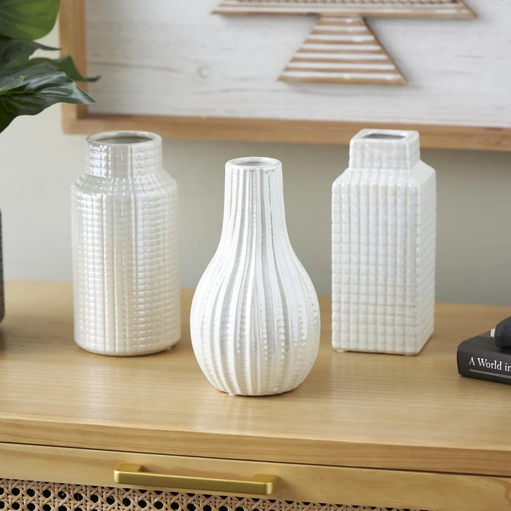 Geometric Textured Cream Ceramic Vase Set Modern Decorative Home Accent Indoor Use Unique Shapes Grid Patterns 3 Pack