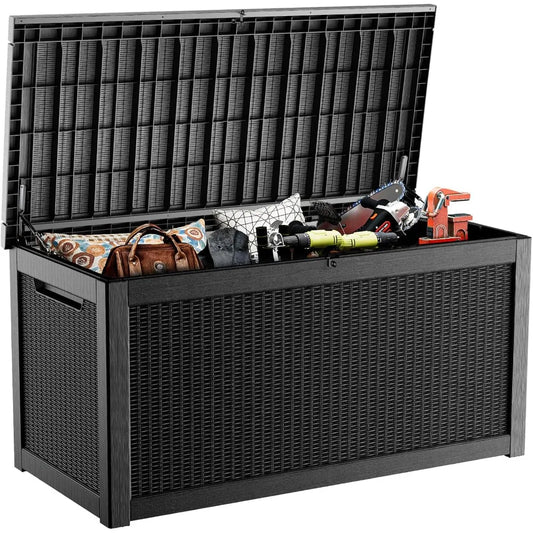 Best - 320 Gallon Deck Box Waterproof,UV Resistant Resin Outdoor Storage Box w/Hydraulic Rod,Lockable Design&Enhanced Durability
