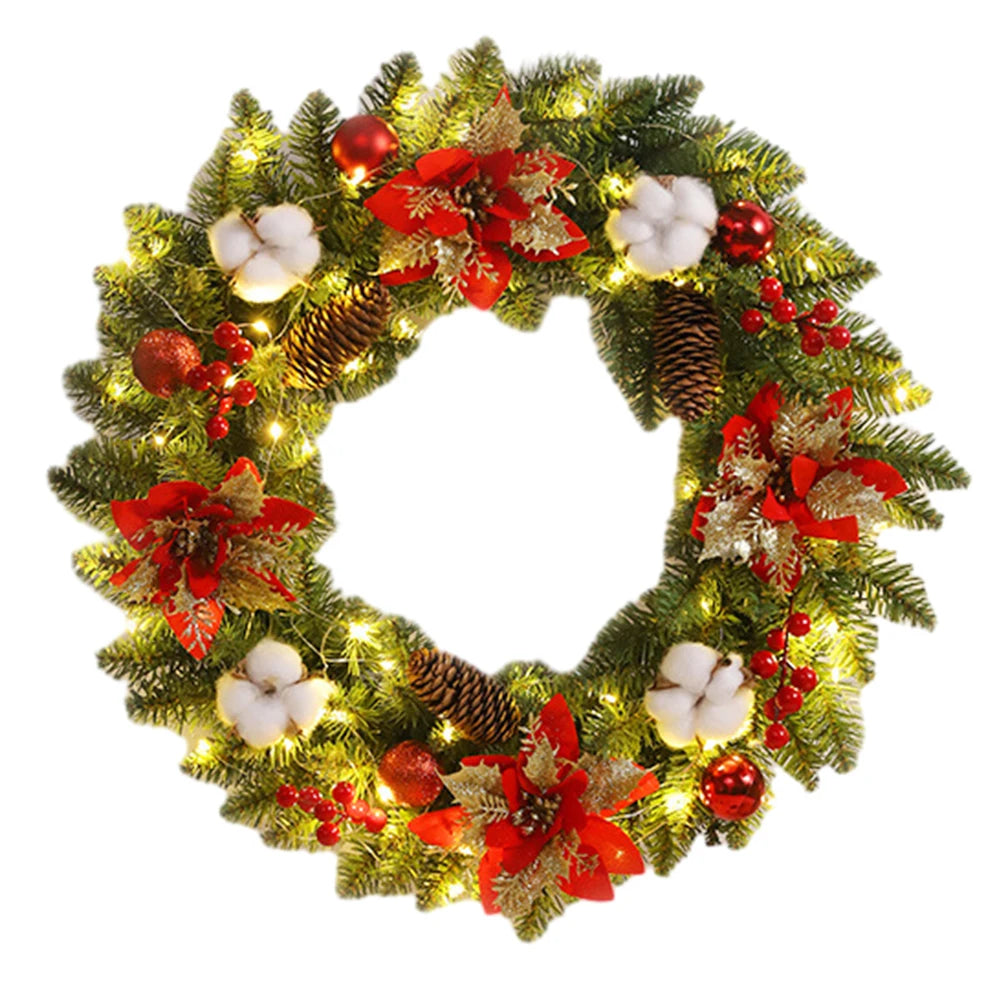 Christmas Round Wreath with Spruce Pine Cones Berry Ball 40CM Hanging Garlands Realistic PVC Light Up for Wall Front Door Window