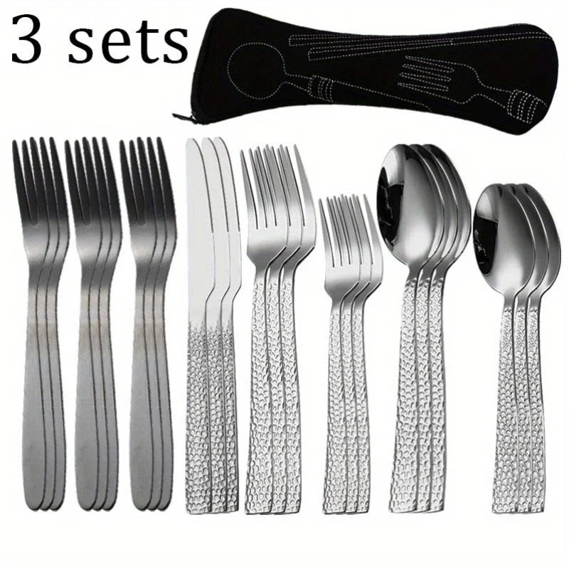 1Set 2Sets 3Sets Stainless Steel Silverware Set Creative Hammered Pattern Tableware Square Handle Flatware Kitchen Cutlery