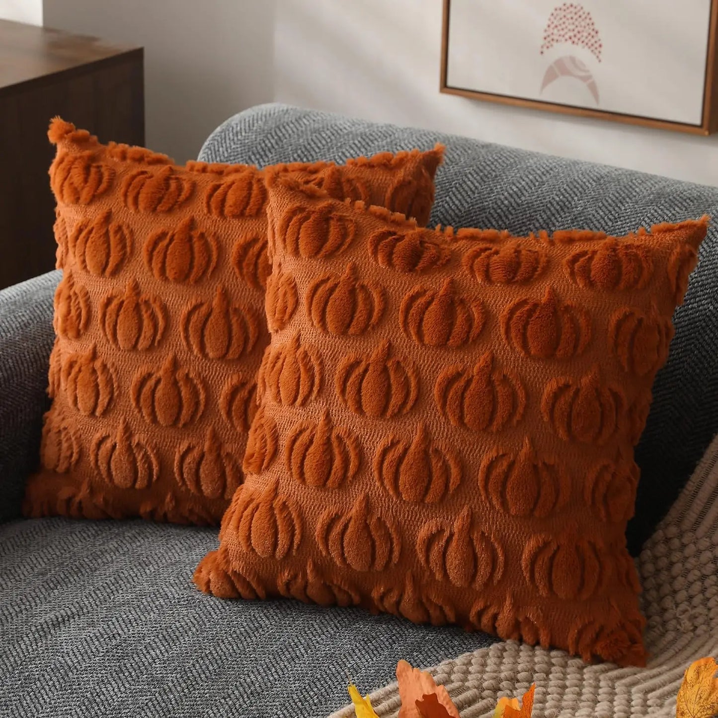 Fall Pillow Covers 18x18 Set of 2 Fall Decorations Autumn Rust Pumpkin Throw Pillow Cases Soft Plush Faux Fur Wool Couch Cushion