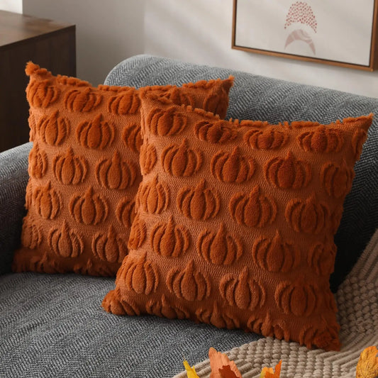 Fall Pillow Covers 18x18 Set of 2 Fall Decorations Autumn Rust Pumpkin Throw Pillow Cases Soft Plush Faux Fur Wool Couch Cushion