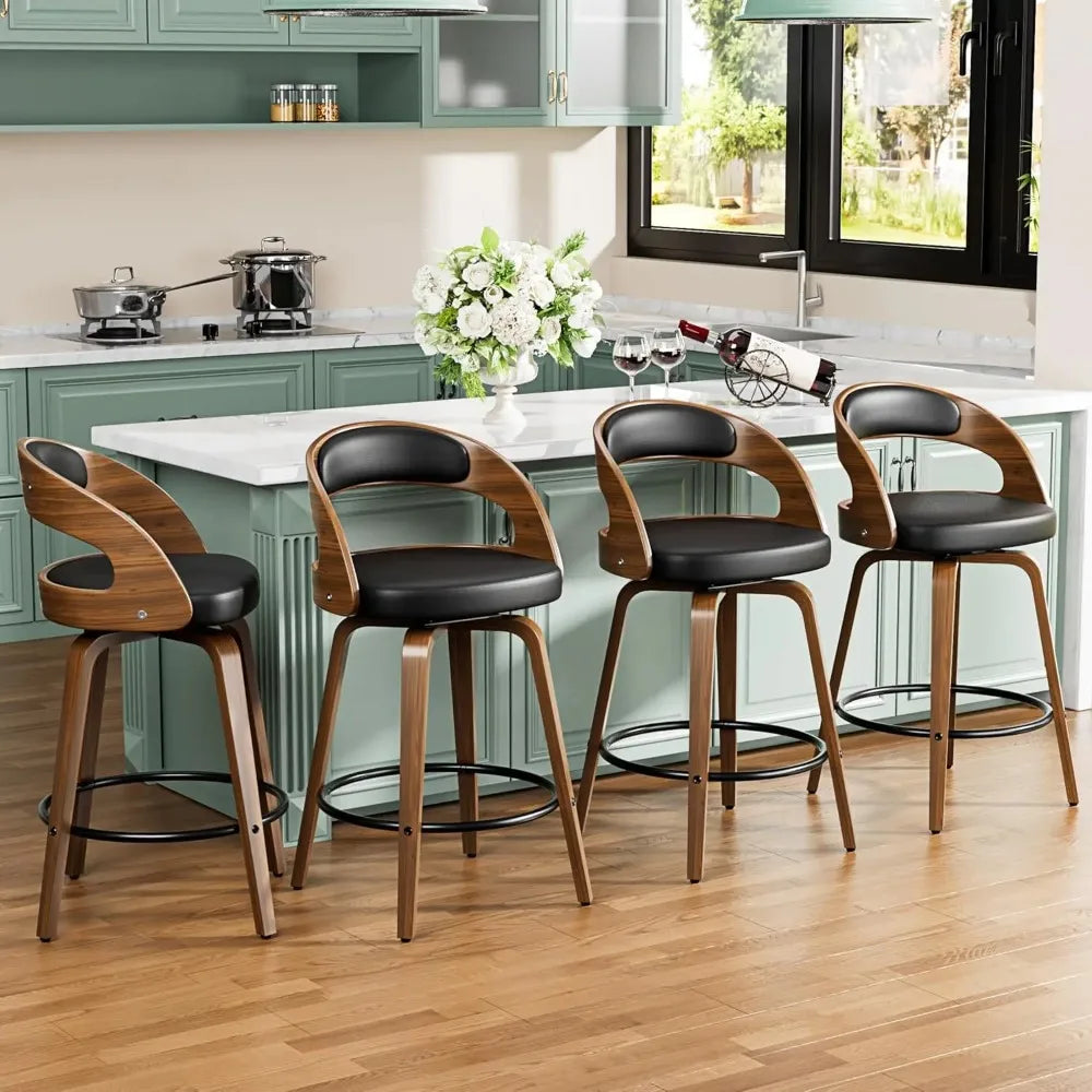 Bar Stools Set of 4, 26" Counter Height Bar Stools with Bentwood Legs, Mid Century Modern Faux Leather Upholstered Barstool
