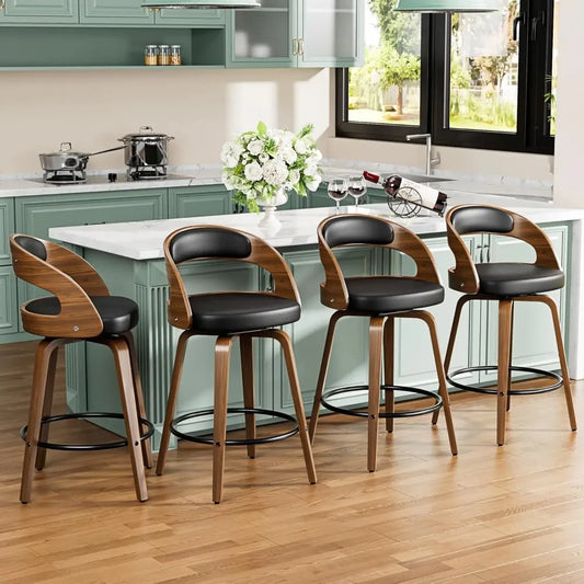 Bar Stools Set of 4, 26" Counter Height Bar Stools with Bentwood Legs, Mid Century Modern Faux Leather Upholstered Barstool
