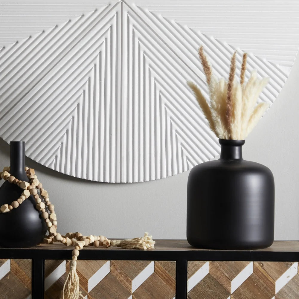 Modern Black Glass Vase 12 inch Drum Shape Decorative Flower Holder Minimalist Design Home Indoor Accent Piece Durable Opaque