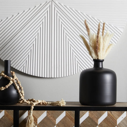 Modern Black Glass Vase 12 inch Drum Shape Decorative Flower Holder Minimalist Design Home Indoor Accent Piece Durable Opaque