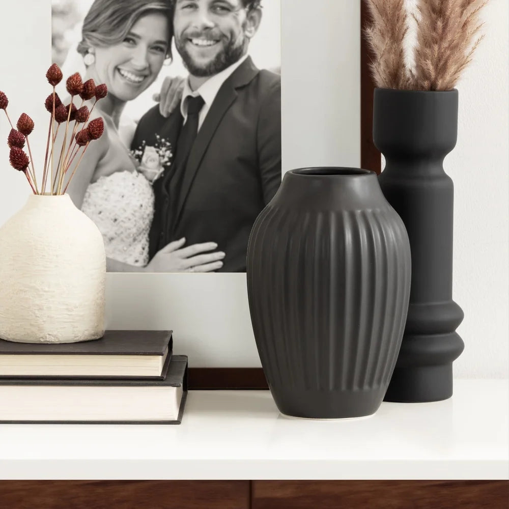 Ribbed Matte Black Ceramic Curved Vase Decorative Home Accent Ideal Floral Arrangements or Tabletop Display Gift All Occasions