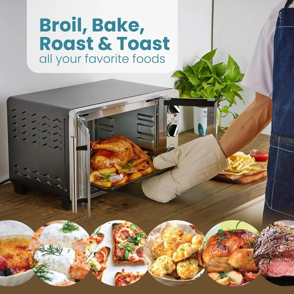 New upgrade-Black Double French Door Countertop Toaster Oven,Bake,Broil,Toast,Keep Warm,Fits 12" pizza, 25L capacity - Authentic