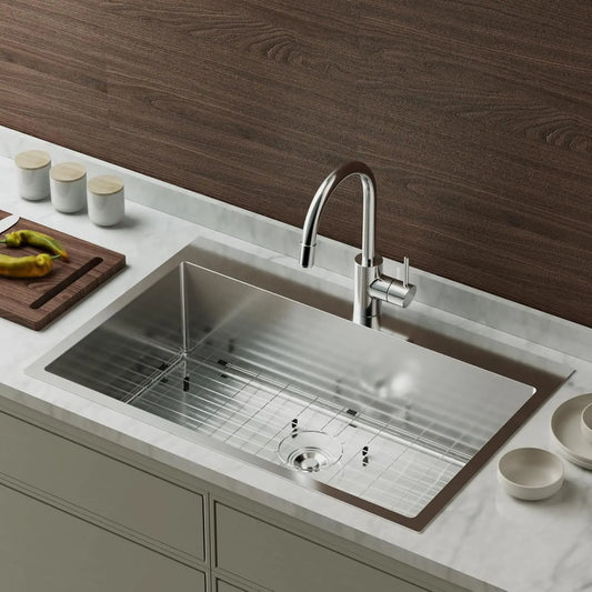 33Inch Top mount Kitchen Sink Drop-in, Farmhouse Kitchen Sink with Sink Protector 18 Gauge, Workstation Sink,