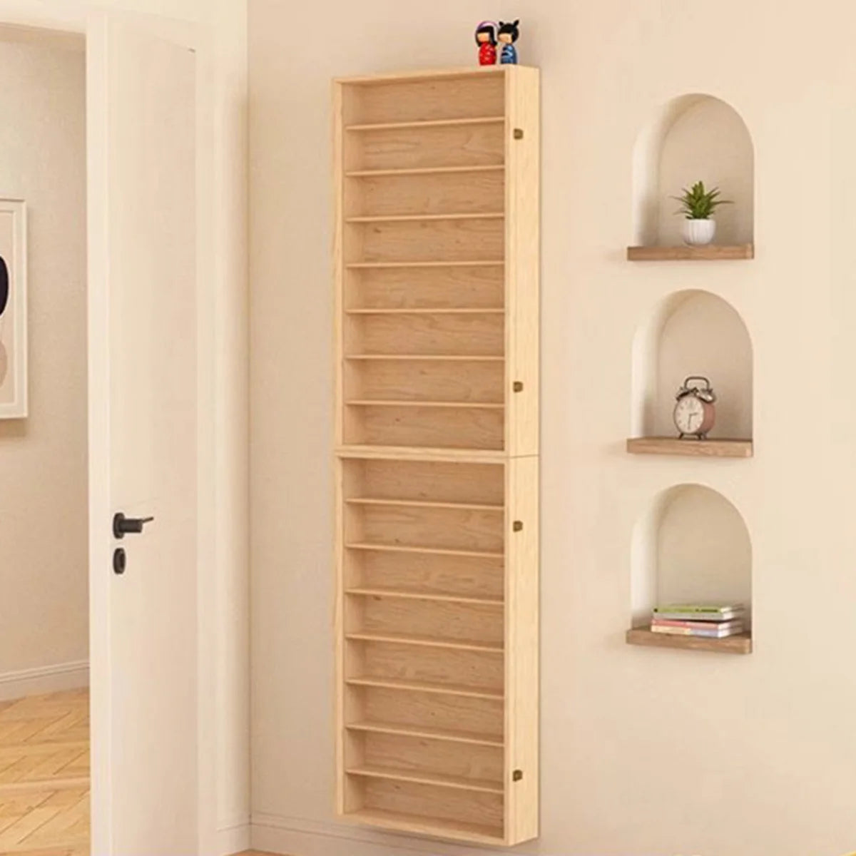 6-Layers Wood Display Shelf Toy Storage Solid Wood Wall Mounted Figurine Collection Box Display Cabinet for Living Room Bedroom