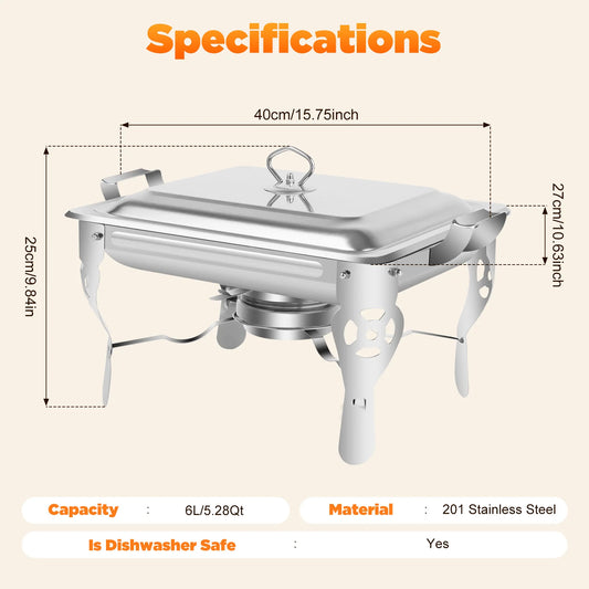 6L Dining Stove Heat Chafers for Catering Stainless Steel Food Warmers, Chafing Dishes Food Warmers with Pans,