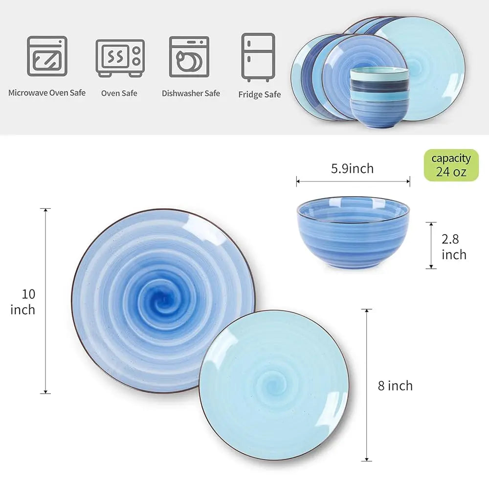Ceramic Dinnerware Sets, 12 Pieces Plates And Bowls Sets, Scratch Resistant Dishes Set For 4, Handpainted Swirl Dishware Sets