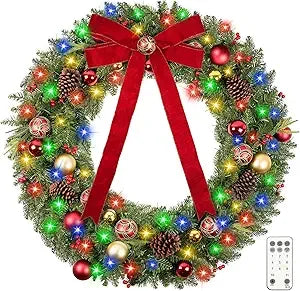 Vlorart 48 Large Outdoor Christmas Wreath with 200 LED Lights, Artificial Pre-lit Decor for Home Exterior