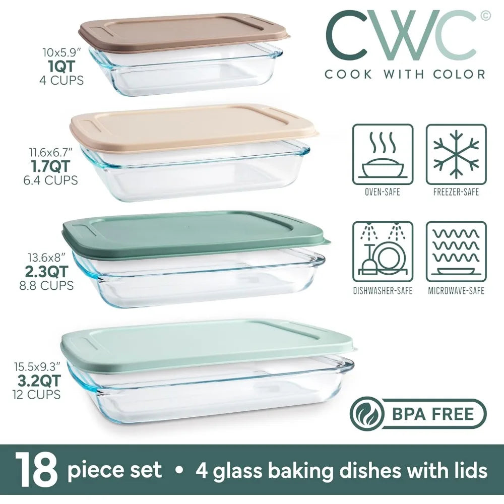 8-piece deep glass baking dish set with plastic lids – casserole and food storage containers for lasagna, leftovers – freezer-t