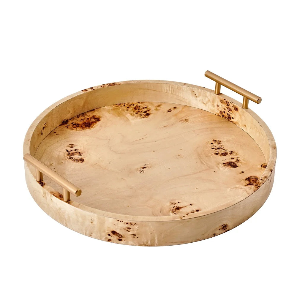 Round Burlwood Serving Tray with Gold Handles Lightweight Accent Piece Drinks Appetizers Home Decor 15.75 Inch