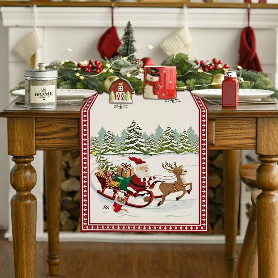 Christmas Reindeer Sleigh Table Runner 13x72 Ih Santa Claus Sleigh Xmas Trees Seasol Winter Kitchen Dinning Table Decoration fo