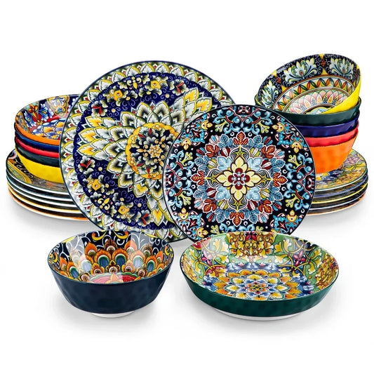 vancasso 12/16/24 Piece Ceramic Dinnerware Bohemia Retro Ceramic Dinnerware Set Free US Shipping Vibrant Colors Plates Bowls
